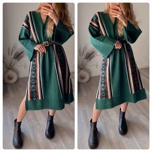 Wool blend green jacquard long tunic sweater